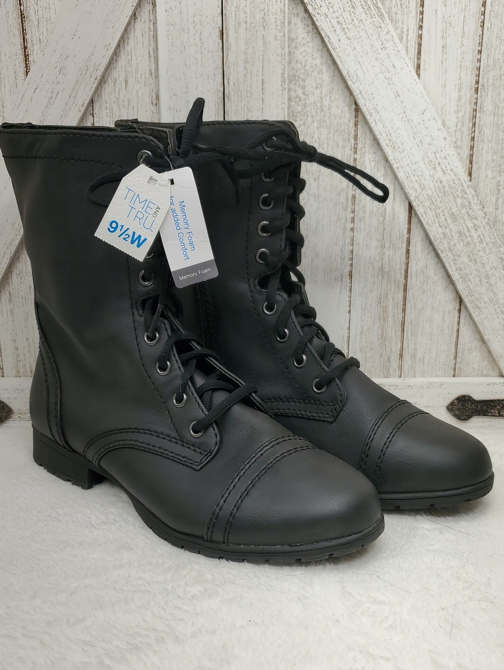 NWT Time and Tru Black Ankle Lace Up Boots Memory Foam Women's 9.5W